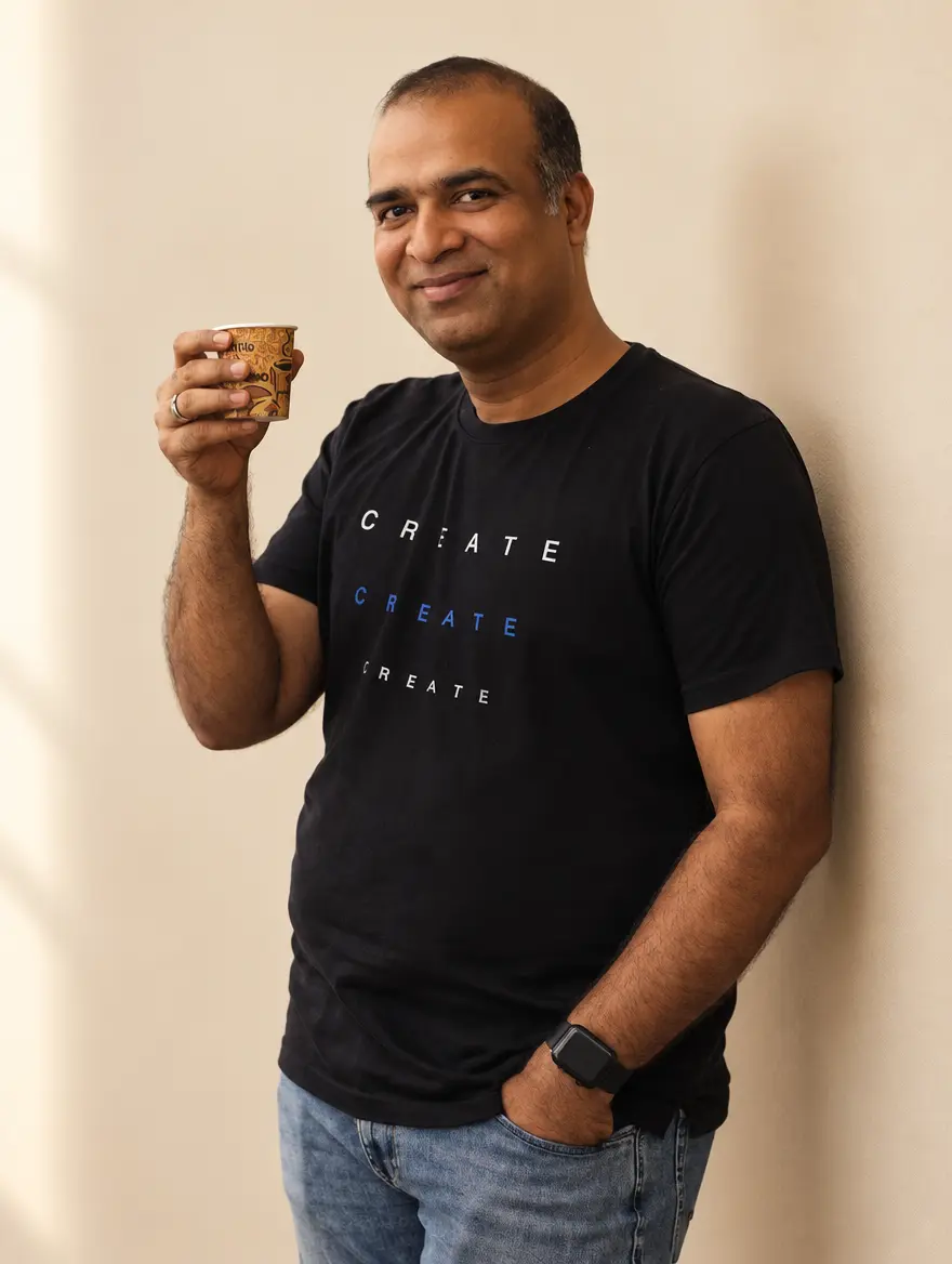 Islam Inamdar holding a cup in a relaxed portrait